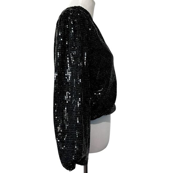 Womens Black Sequin Top Wrap Style V-Neck Long Balloon Sleeves Party Glam Sz M - Picture 6 of 8